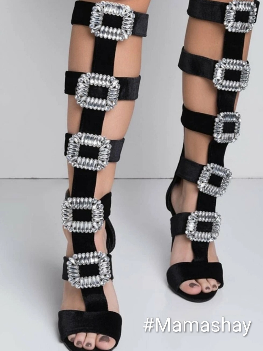 Cape Robin 6.5 Black Felt Gladiator Knee-High Heels Diamond Rhinestone Accents